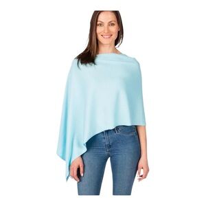 Caroline Grace Cotton Cashmere Baby Blue Asymmetrical Poncho Sweater Layer OS